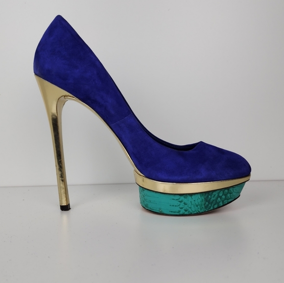 B Brian Atwood Purple Gold Teal Suede Platform Stiletto Size 10 - Picture 8 of 10